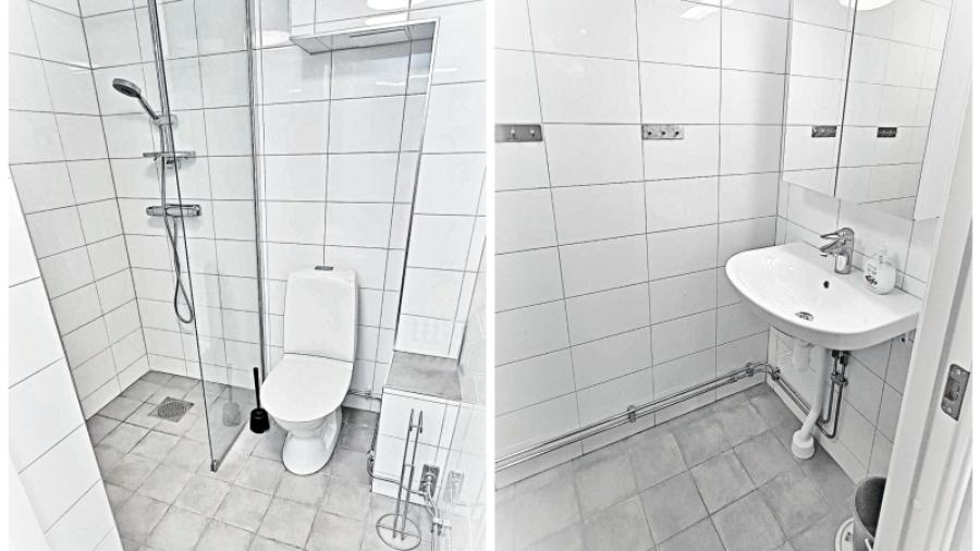 Fräscht badrum med dusch och WC